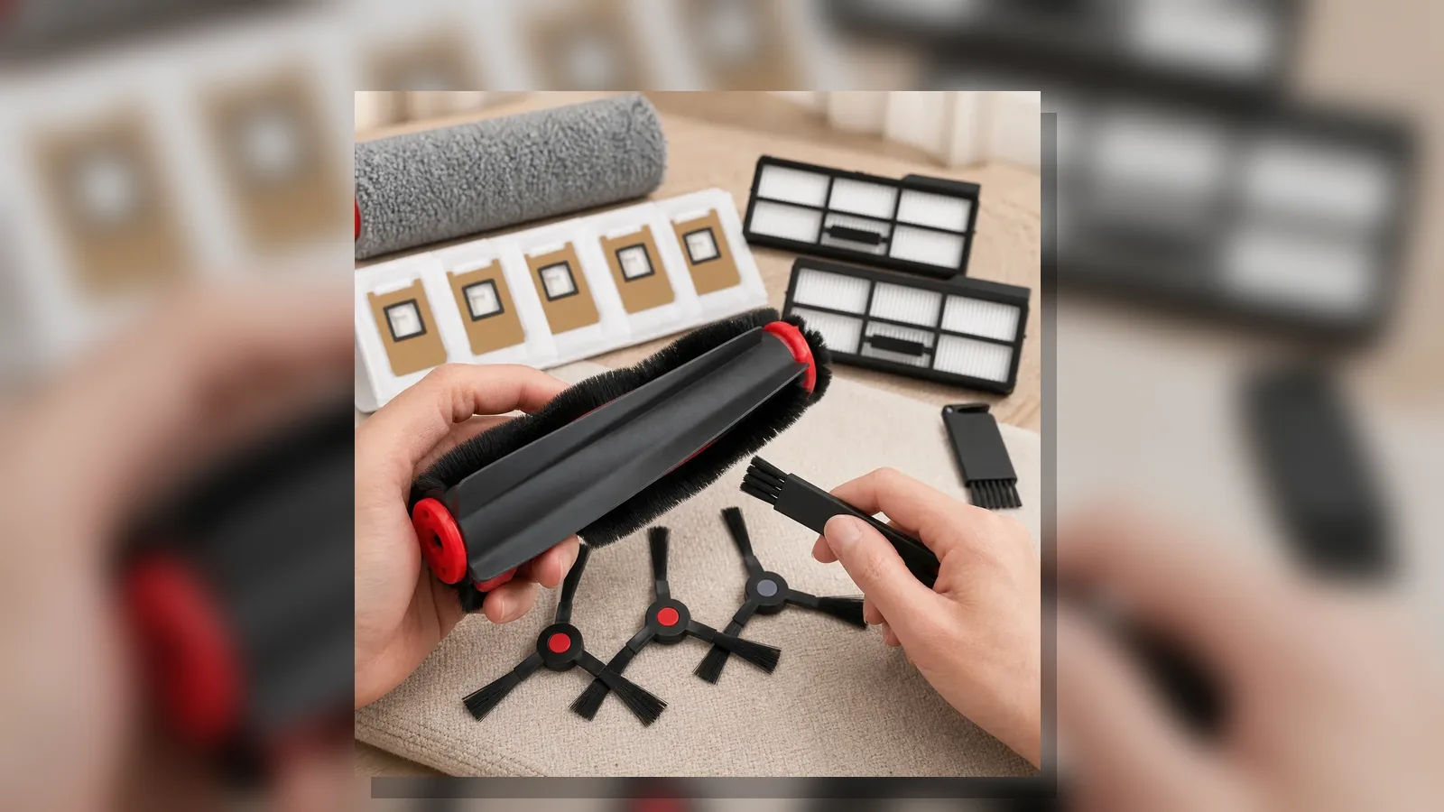 E25 Omni style roller with hair wrap beside a Compatible spare filter and dust bag