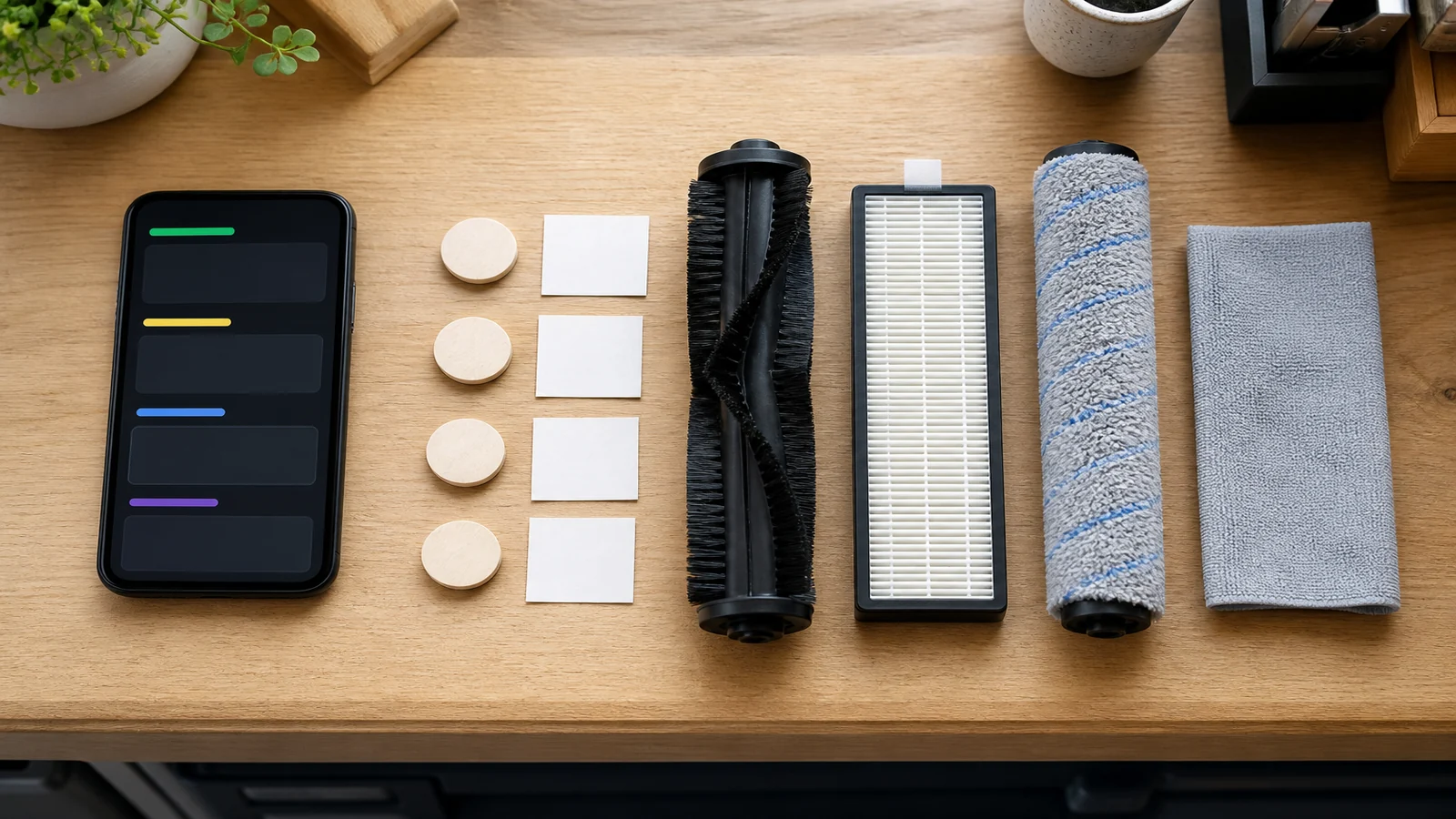 E25 and E28 maintenance parts arranged beside a phone with an abstract accessory-status screen