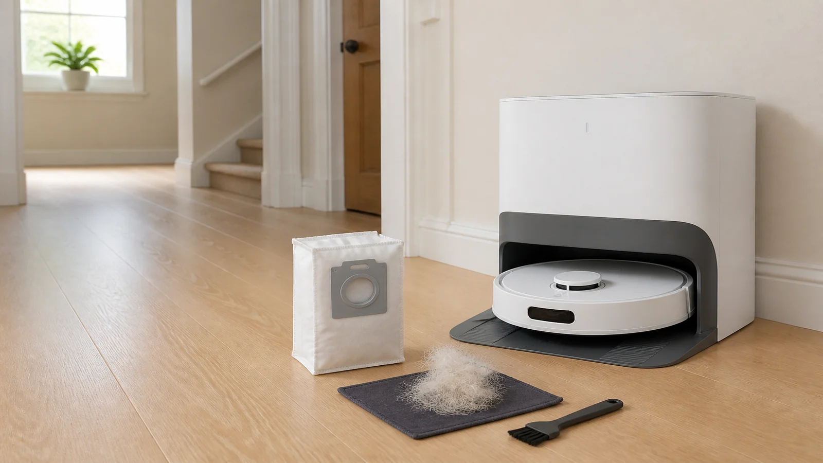 Robot vacuum dust bag and pet-hair maintenance items beside an unbranded auto-empty station
