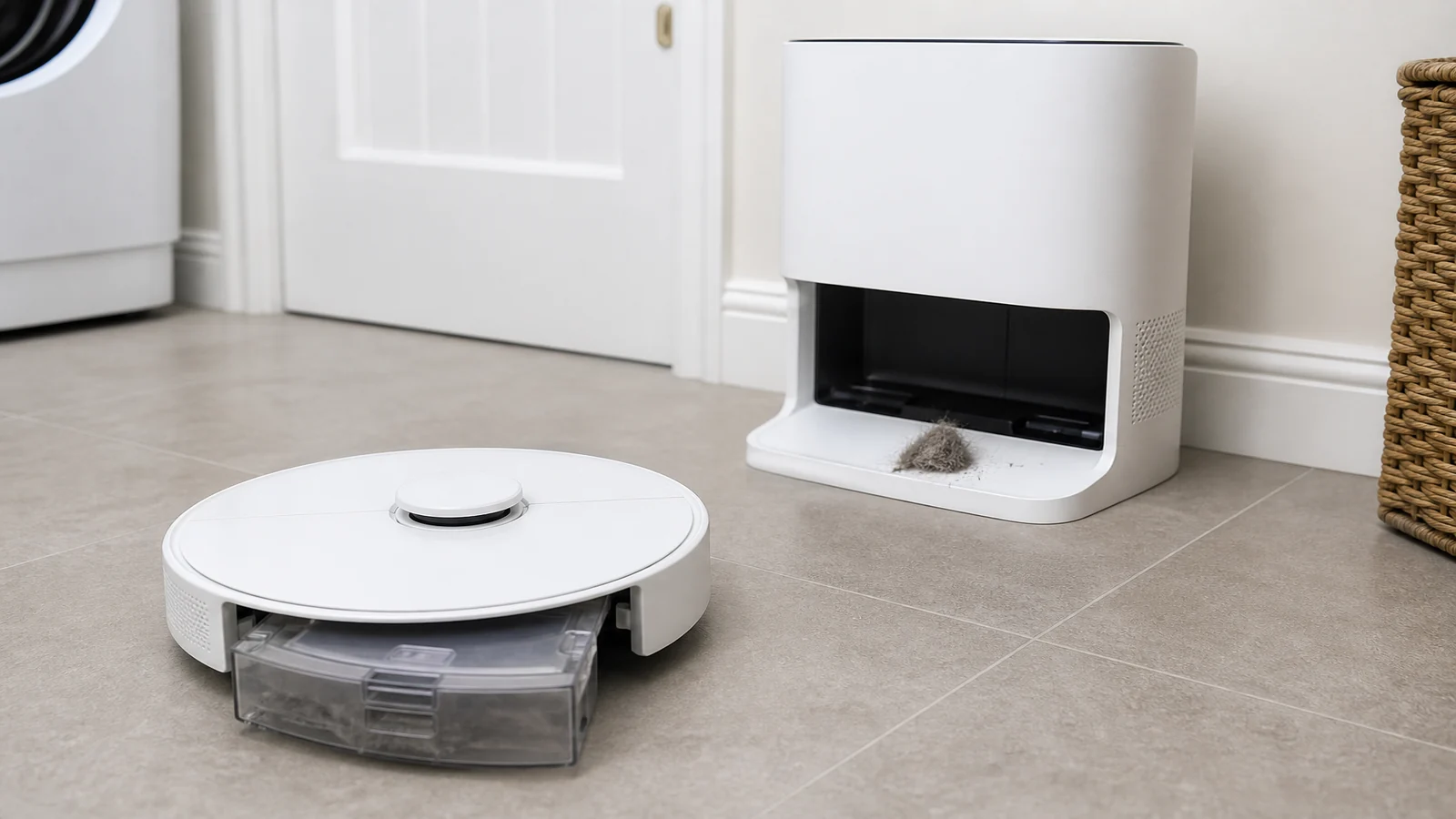 Accessible dust pathway inspection between a robot vacuum dustbin and auto-empty station