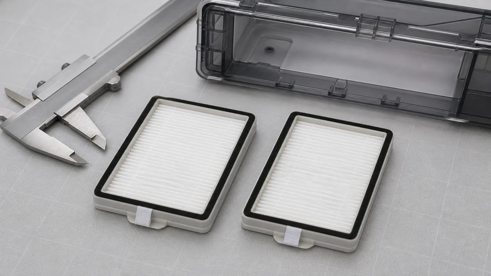 Two unbranded robot vacuum filters being compared for size, seal and attachment details