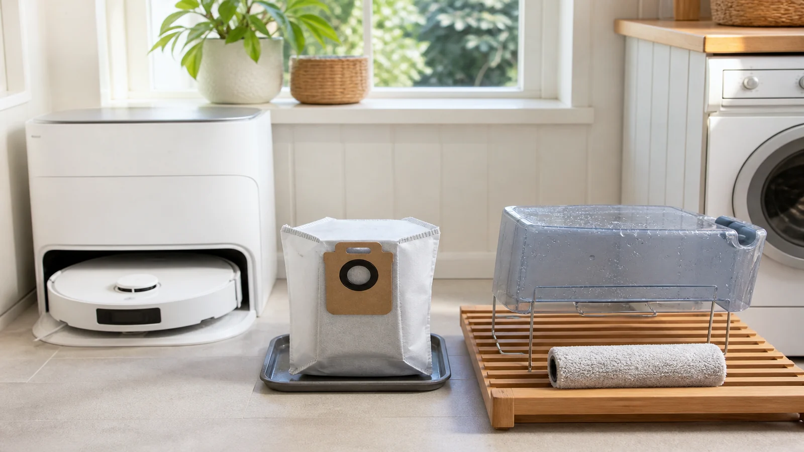 Robot vacuum station maintenance with dust bag, drying water tank and clean mop roller