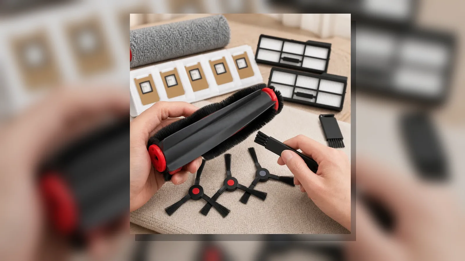 Pet hair wrapped on a robot vacuum side brush next to Compatible spare side brushes