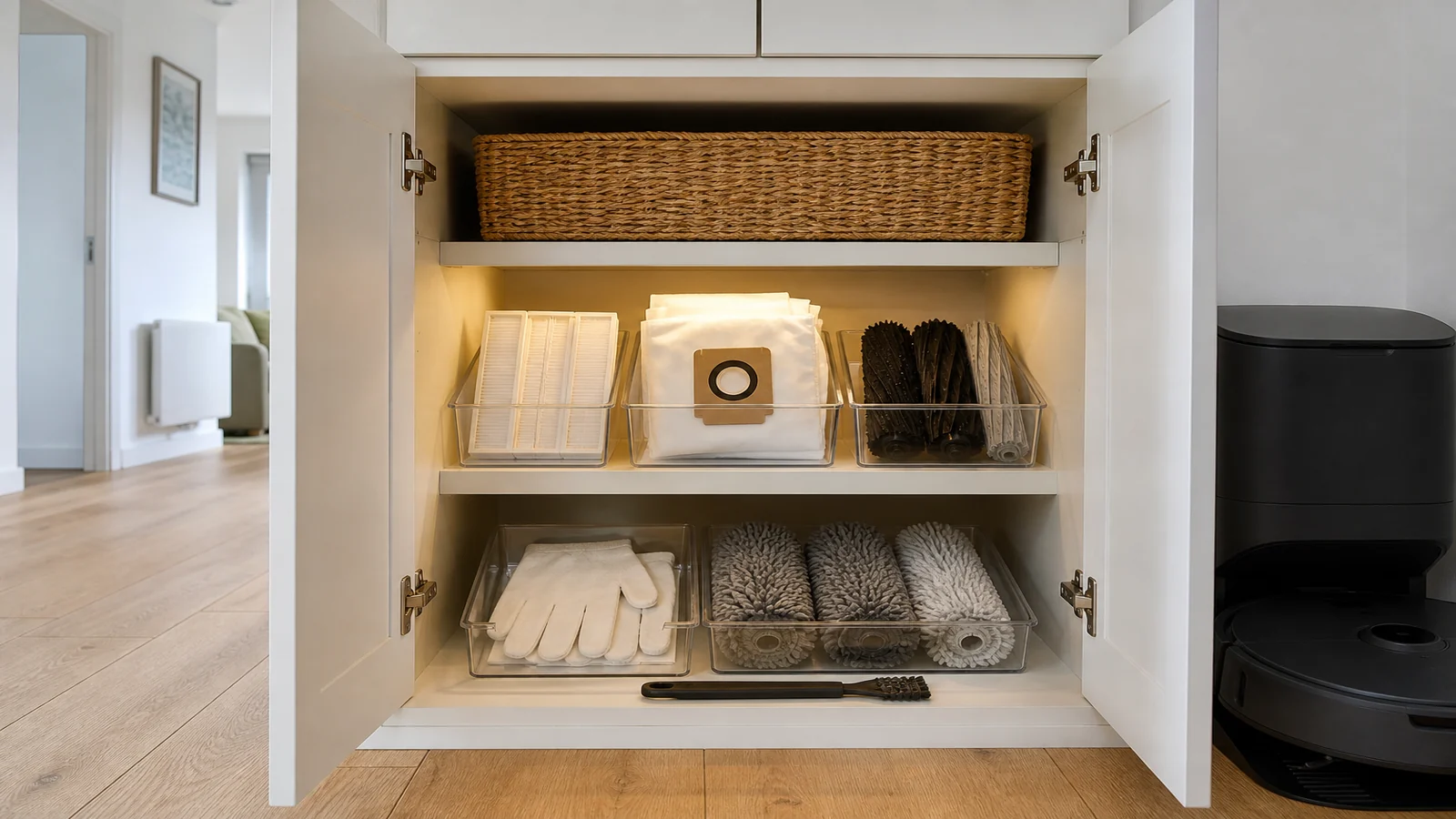 Organised robot vacuum spare-parts cupboard for a UK holiday let changeover